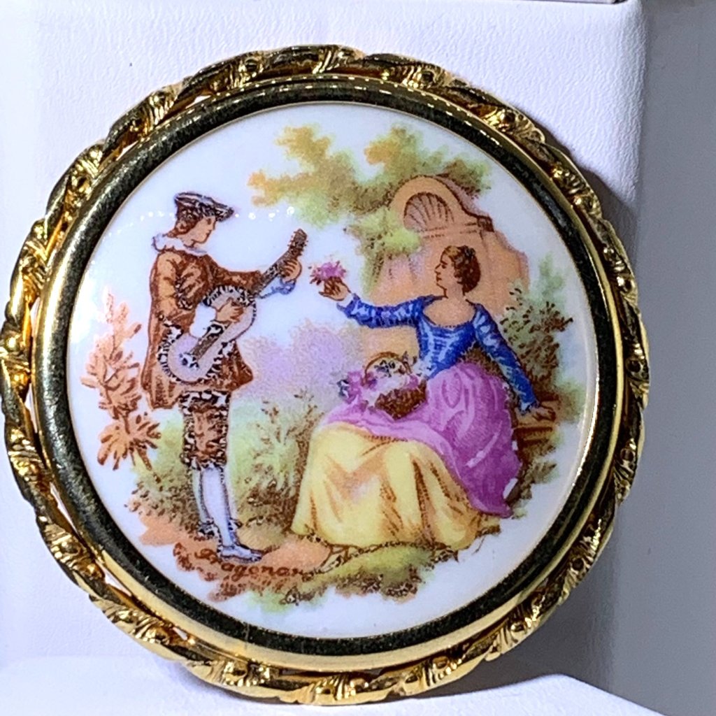 Limoges Brooch Gold Tone Frame Portrait Man Woman Vintage